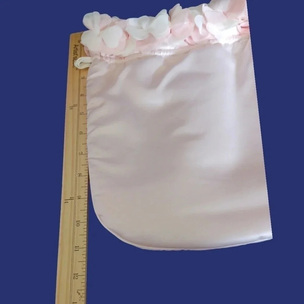 Aimer satin Dragstring Pouch Bag W/Stunning Floral Around The Top Blush Pink - Picture 8 of 14